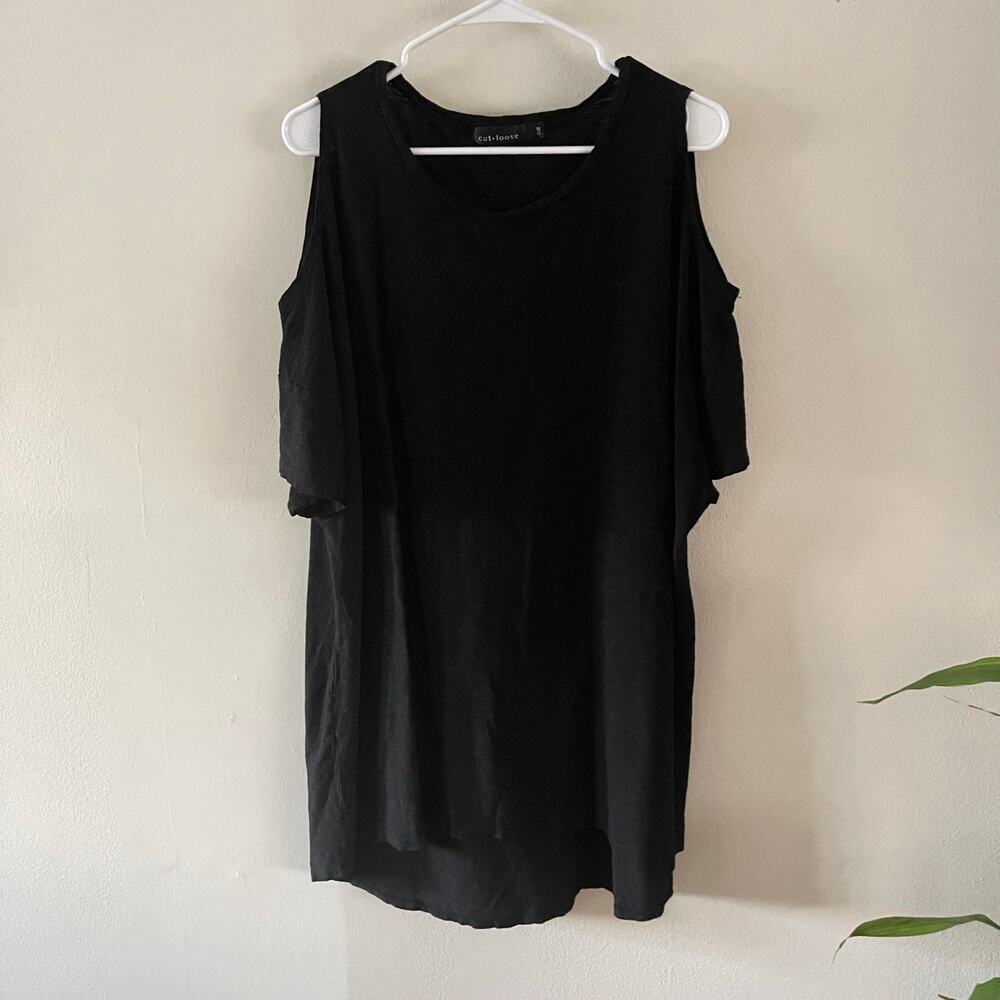 Cut Loose Womens OS One Size Black Cotton Linen Cold Shoulder Tunic Top Blouse
